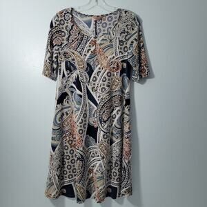 SJS Women's Tan, Navy, & Brown Geometric Print Shift Dress Size S 40122-0505